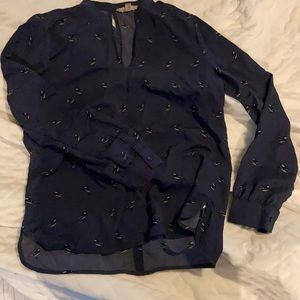 Size small blue blouse black birds Banana republic